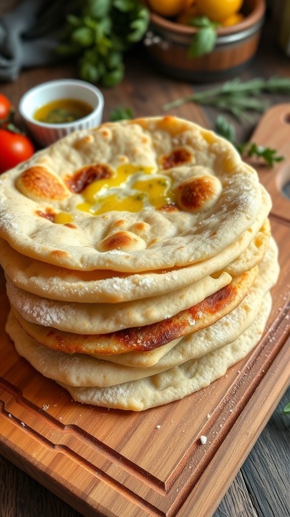 Quick No-Knead Flatbread Recipe Freshly cooked flatbreads stacked on a wooden board with olive oil and herbs.